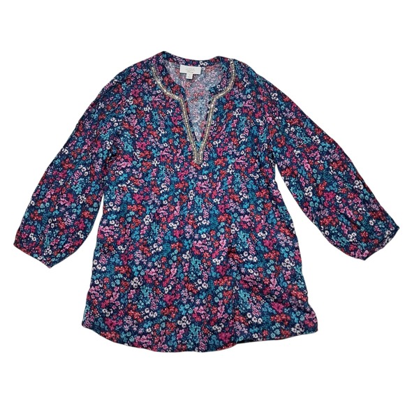 Charter Club Top Women's Medium Blue Floral Bejeweled Garden Print 100% Linen - Picture 1 of 13